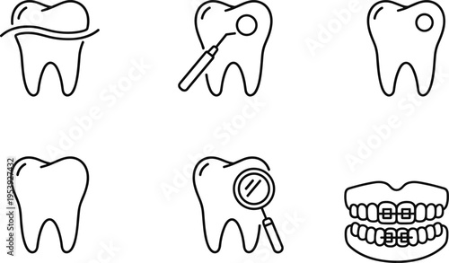 A collection of black and white outline icons representing various dental care and oral health tools Vector, illustration