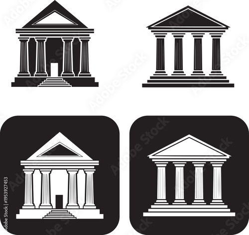 Black bank icon set. Government building, flat vector