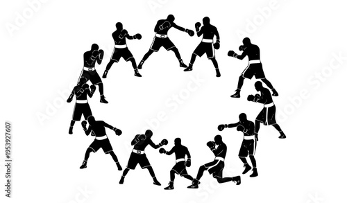 Dynamic boxing silhouette vector illustration with fighters in motion and combat stance variations for sports graphics