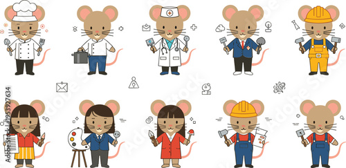 Cute Cartoon Mouse Characters in Various Professions Vector Set Including Chef, Doctor, Engineer, Artist, Teacher, and Business Roles