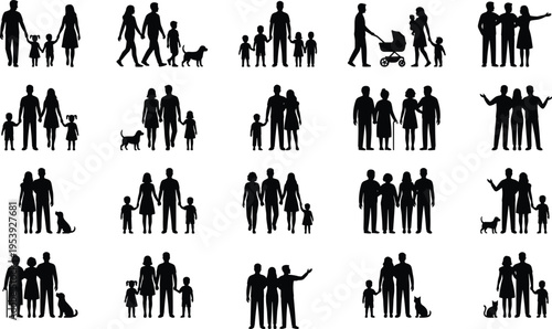 Family Silhouette Collection Showing Parents, Children and Couples with Pets for Parenting, Lifestyle, Relationship and Modern Family Concept