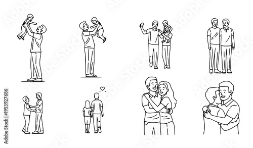 Happy fathers day line art vector set with father and child scenes for family celebration and greeting designs