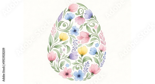 Soft watercolor Easter egg illustration with delicate pastel colors, hand painted egg decorated with floral patterns and gentle brush strokes, visible watercolor texture and pigment gradients,