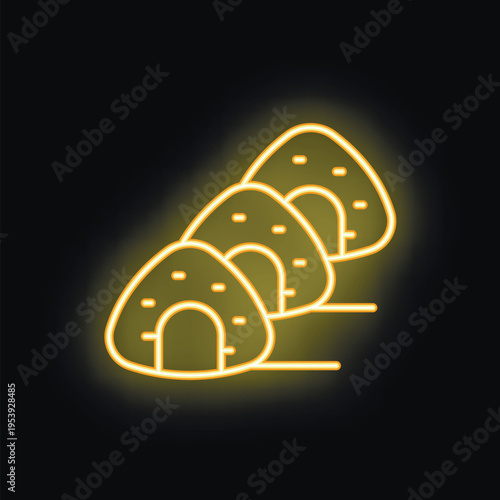Neon sign showing three onigiri glowing on black background