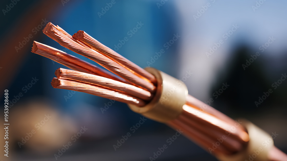 Naklejka premium Close-up of bright copper conductors emerging from a protective sleeve, showcasing metallic texture and industrial material quality against a soft bokeh background