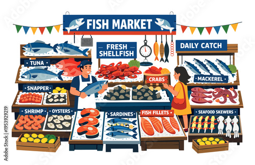 Vendor presenting a fish to a customer at a busy, vibrant traditional market selling various fresh seafood products