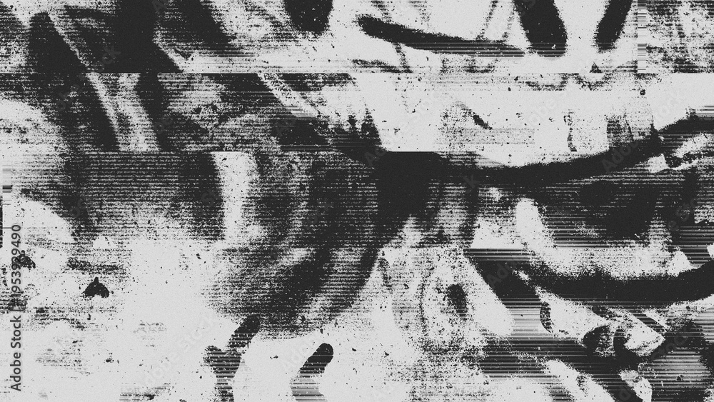 Naklejka premium Black and white glitch texture with digital signal corruption and scanline artifacts on a grunge graffiti background. Monochrome pixel distortion for urban design and video overlay.