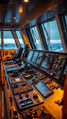 A modern bridge, complete with navigation equipment and panoramic sea views, provides a realistic backdrop for content on maritime logistics.