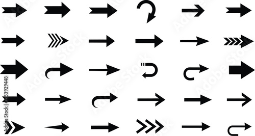 Collection of various black arrows on white background