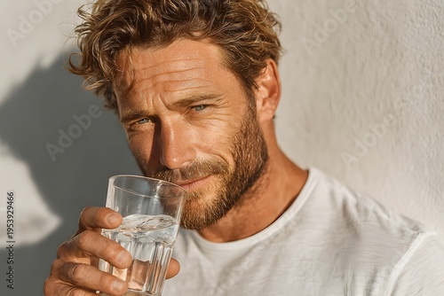 A man with stubble holding a glass of water indoors, looking towards the camera