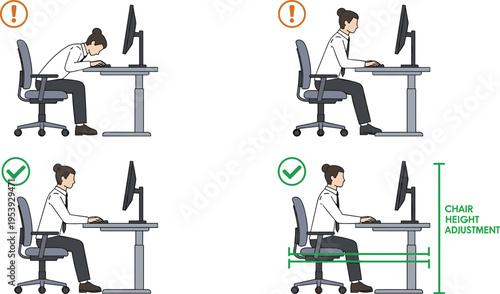 Correct and Incorrect Sitting Posture at Computer Ergonomic Office Chair Adjustment Vector Illustration