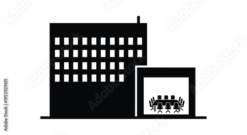 A minimalist black silhouette depicts a building with a conference room inside suggesting business