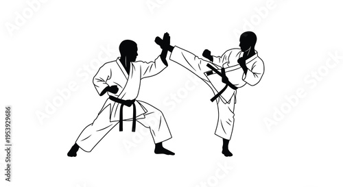 A dynamic black and white illustration depicts two martial artists engaged in a karate sparring match