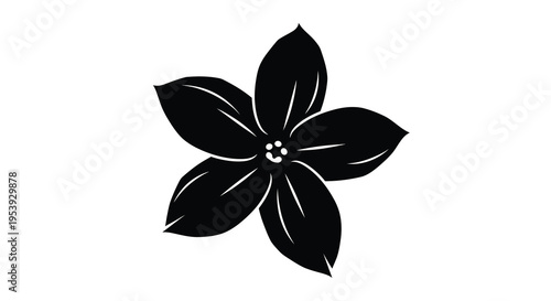A minimalist black silhouette depicts a five petaled flower with a central bud high quality professional