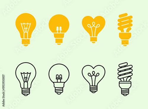 Set of yellow light bulb icons in different shapes including heart and spiral CFL vintage retro flat style lamps for energy saving and creative idea concept