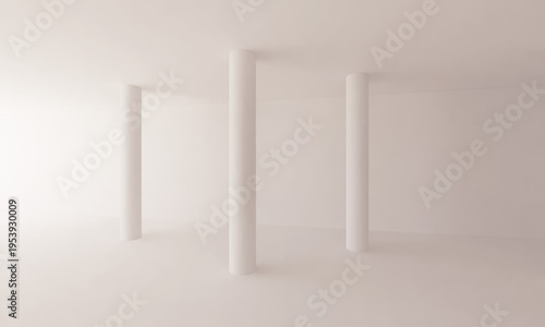 3 columns white wall floor, white 3D with 3 circular columns, white wall 3D, white floor 3D, circular columns 3D, simple 3D background