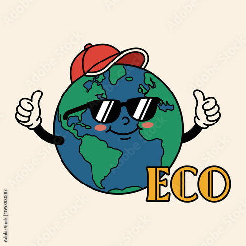 Cool planet earth character wearing sunglasses and red cap with thumbs up vintage retro cartoon world globe for environmental awareness and eco friendly design