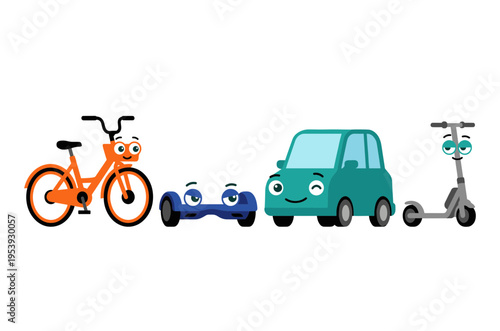 Group of cute transportation vehicle characters including bike car and scooter vintage retro cartoon mascots for urban mobility and travel concept design