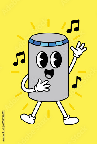 Cheerful Cylindrical Bluetooth Speaker Character Dancing and Singing with Music Notes on Bright Yellow Background, Audio Entertainment Concept Vector