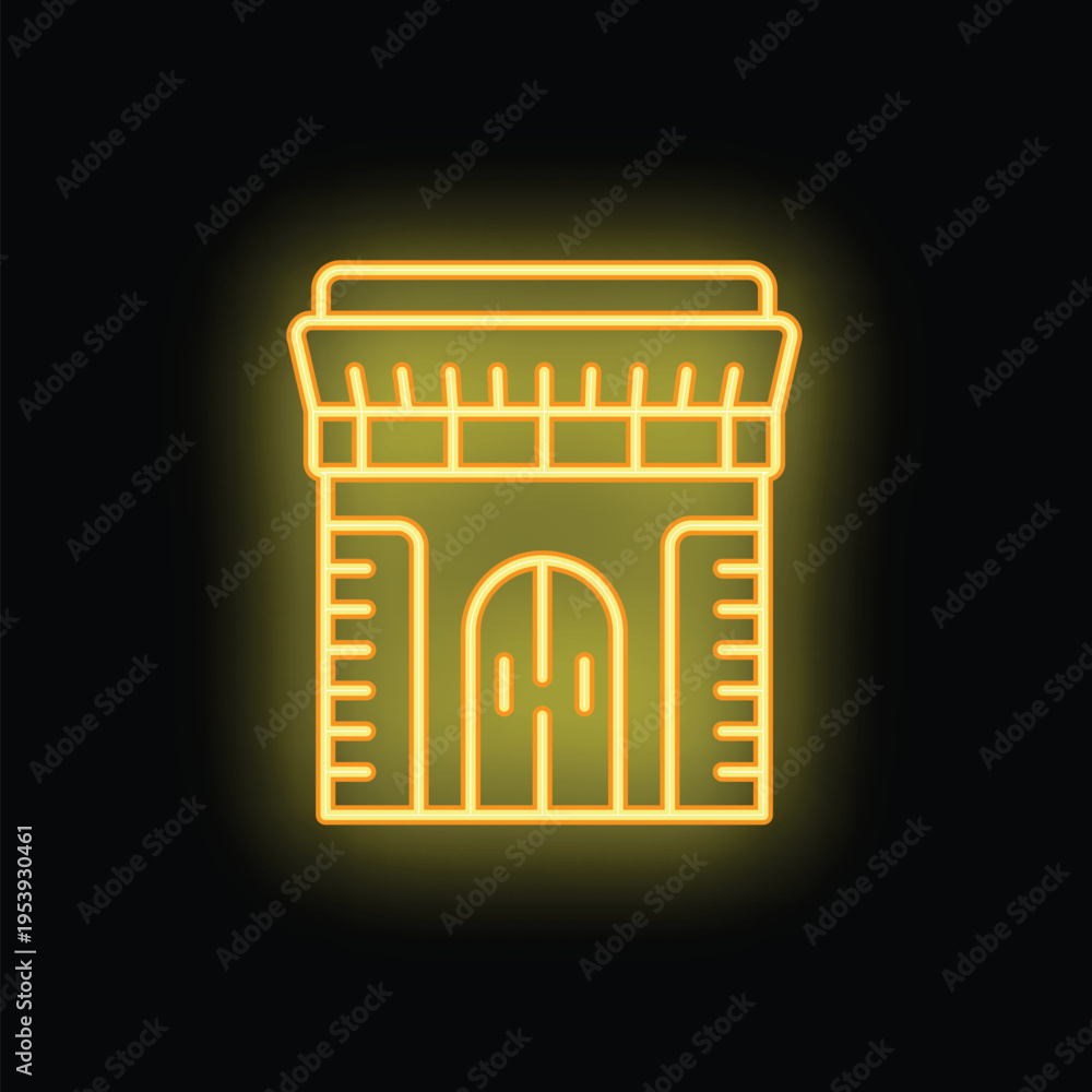 Fototapeta premium Bright neon yellow illustration of an ancient castle tower glowing on a black background