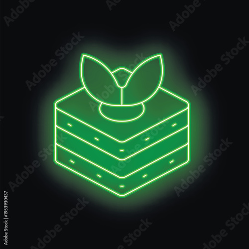 Green neon style icon representing the concept of green web hosting with a server and leaf
