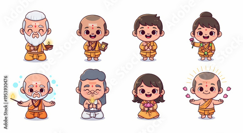 Cute Kawaii Hindu Priest Characters – 8 Unique Brahmin & Guru Cartoon Vector for Festival