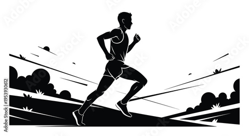 A dynamic black and white illustration depicts a male athlete sprinting with speed and determination