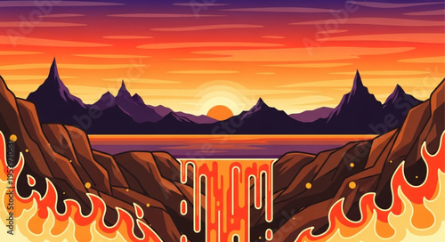 Fiery Landscape - A Digital Painting of Lava Falls and Mountains.