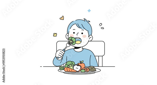 Young boy eating healthy meal happily.