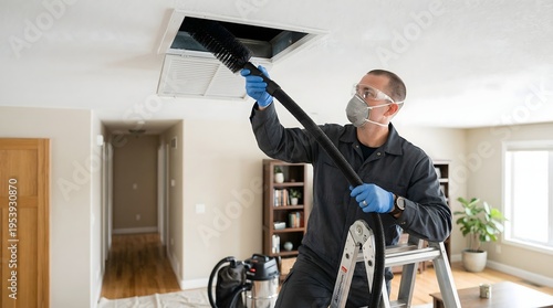Professional technician cleaning air duct with vacuum equipment
