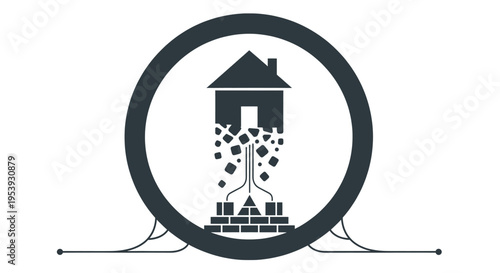 Circular emblem showing house silhouette being constructed or deconstructed with floating blocks and foundation layers representing home building and architecture process.
