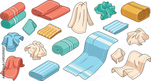 Folded Towels and Fabric Cloth Vector Illustration Set with Bathroom Linen, Textile Items, Soft Blankets, and Household Cleaning Collection