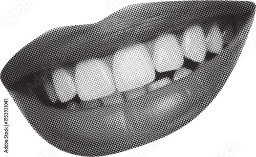 Black and White Halftone Lips with Teeth Close Up, Retro Pop Art Dotted Texture Mouth Illustration, Vintage Comic Style Female Lips, High Contrast Monochrome Graphic Design Element
