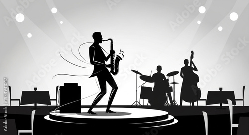 Silhouette Jazz Band Performing on Stage with Saxophone, Drums, and Bass.