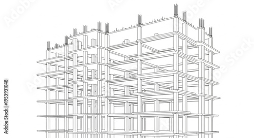 Architectural Sketch of a Building Under Construction with Steel Framework.