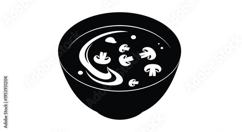 A black and white illustration depicts a bowl of soup containing mushrooms and a swirl of cream