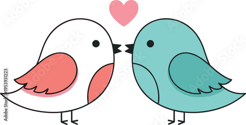 Cute love birds vector illustration romantic kissing pair with heart colorful cartoon animals isolated design for valentine greeting card