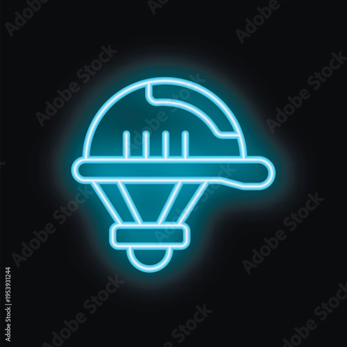 Bright blue neon icon of a parachute landing safely on the ground