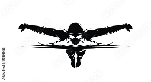 A stylized black and white illustration depicts a swimmer in a butterfly stroke position