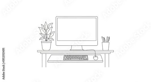 A minimalist workspace with computer and plants.