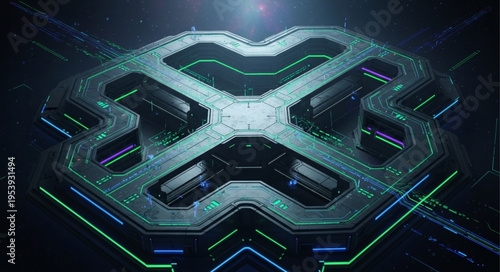 Futuristic X-Shaped Platform with Intricate Circuitry and Glowing Accents.