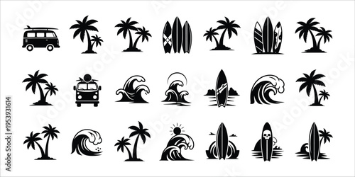 Tropical vacation icons and silhouettes