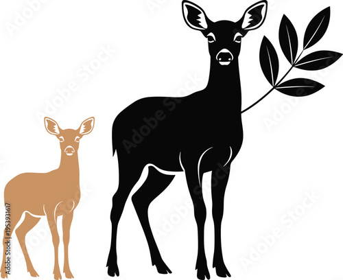 Deer and fawn vector illustration wildlife animal family silhouette with forest leaves elegant woodland nature design isolated