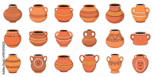 Clay Pots and Ceramic Vases Set Showing Earthenware Vessels Various Shapes and Patterns Pottery Vector Illustration