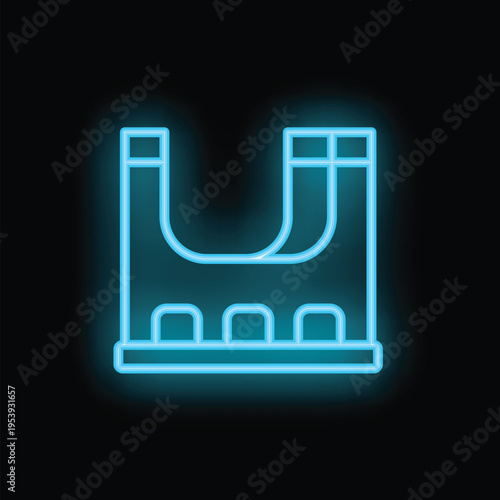 Blue neon sign depicting a skate park ramp, perfect for designs related to extreme sports, skateboarding, and urban recreation