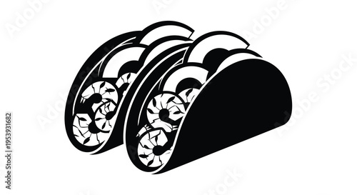 A striking black and white illustration depicts four tacos with detailed fillings visible inside