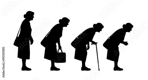 Silhouette of elderly woman in four stages.