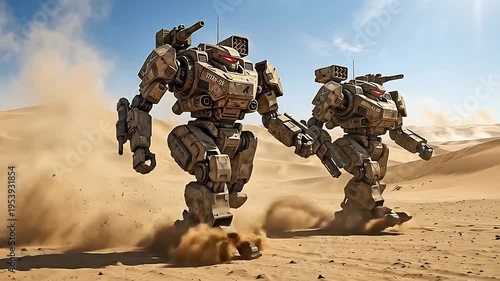 Military mechs marching in desert kicking up dust scifi warfare