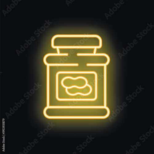Glowing yellow neon sign of a peanut butter jar on a black background