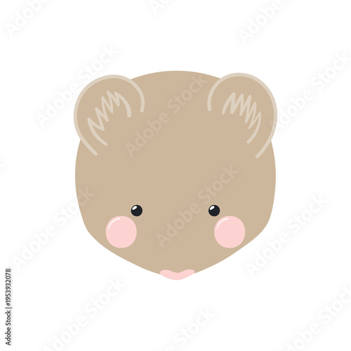 Cute little vole, field mouse face illustration isolated. Kawaii cartoon character. Wild animal, baby animal, wildlife, nature, fauna. Kids print, design element, clip art. Hand drawn flat vector